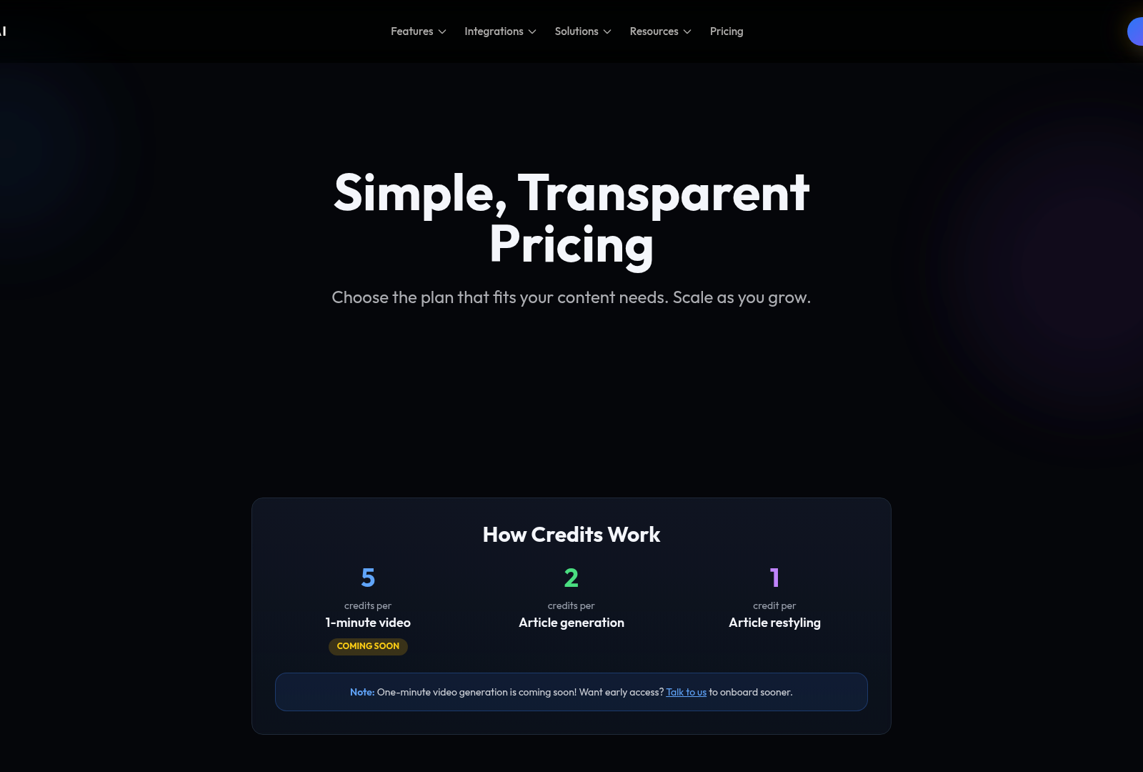 Screenshot: Pricing table displaying plans, credit allocation, and key features such as SEO optimization, multi‑platform publishing, and analytics.