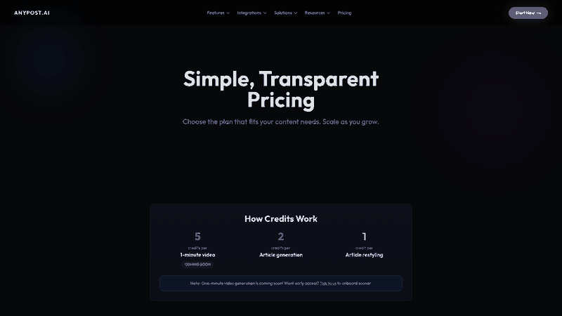 Screenshot: Full pricing page that lists all subscription tiers, credit usage, and feature highlights such as content creation, SEO optimization, multi‑platform publishing, real‑time analytics, and persona engine. This visual encapsulates the core services AnyPost offers.