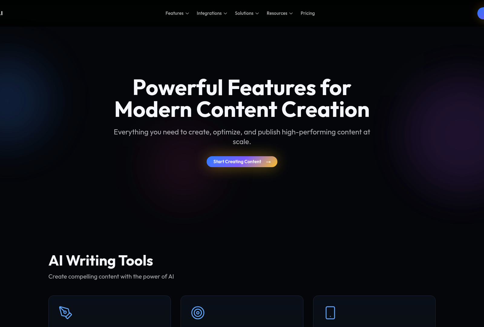 Screenshot: Features page snapshot showing the “Content Scheduling” feature and brief descriptions of other capabilities. Highlights how the platform manages publishing across platforms and schedules content, key for multi‑channel lead generation.