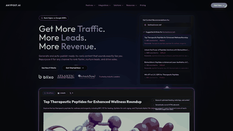 Screenshot: Landing page showcasing the platform’s branding, key value propositions, and call‑to‑action that introduce users to automated content creation and SEO‑optimized publishing.