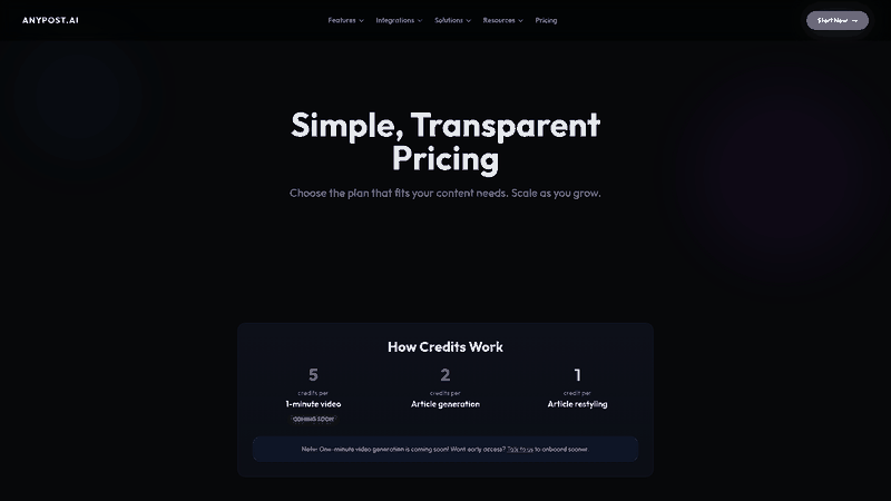 Screenshot: Full pricing page showing all tiers and key features such as advanced SEO optimization, multi‑platform publishing, and real‑time analytics dashboard.