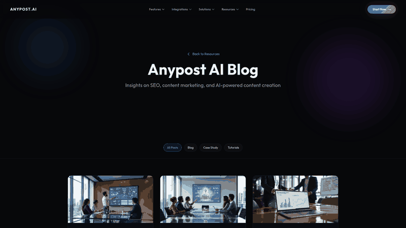 Screenshot: Blog landing page that highlights the platform’s expertise in SEO, content marketing, and AI‑powered creation.
