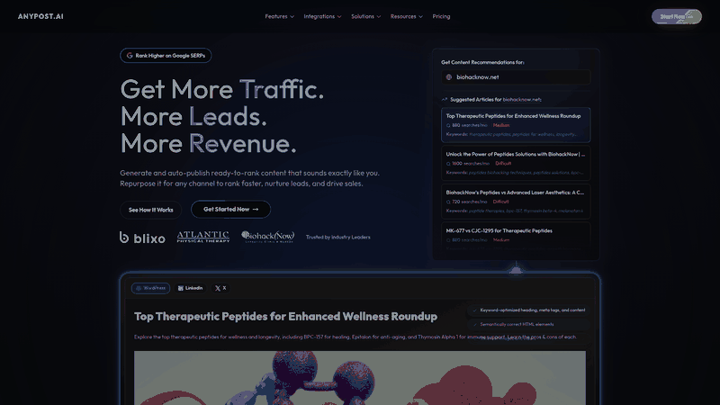 Screenshot: Hero section showcasing AI‑driven long‑form content creation and brand‑voice customization.