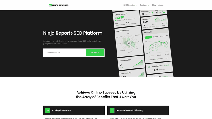 Screenshot: Ninja Reports features section displaying core tools