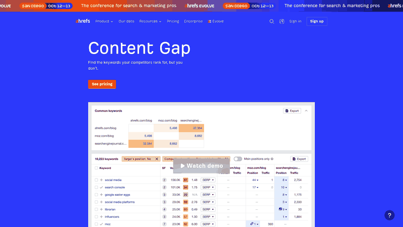 Screenshot: Ahrefs content gap tool interface