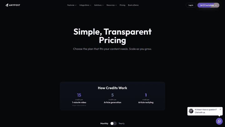 Screenshot: Pricing page with Starter, Growth, and Enterprise tiers and credit usage details.