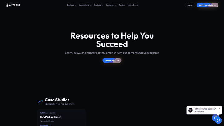 Screenshot: Presents the tutorials & guides section, pointing to step-by-step resources that help users embed AnyPost into their editorial workflow.