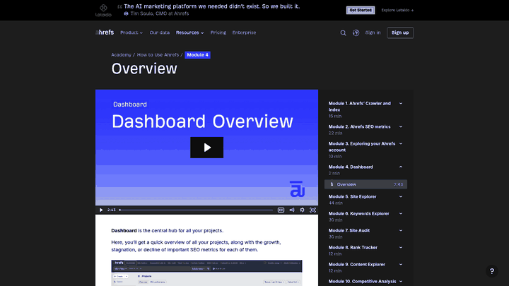 Screenshot: Ahrefs Dashboard overview showing project metrics and the Content Hub workspace.