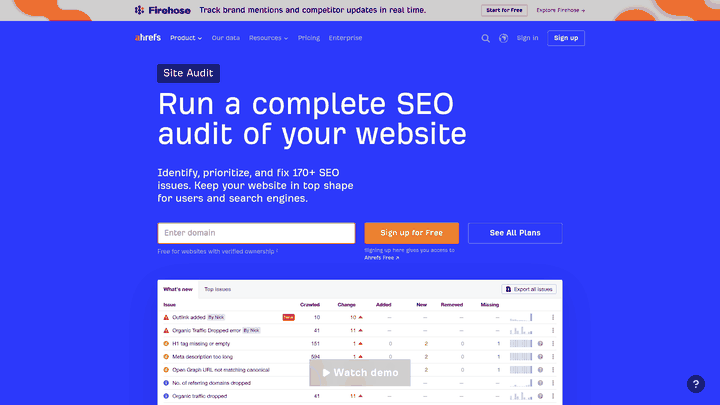 Screenshot: Ahrefs Site Audit page highlighting meta tag and header issue listings.