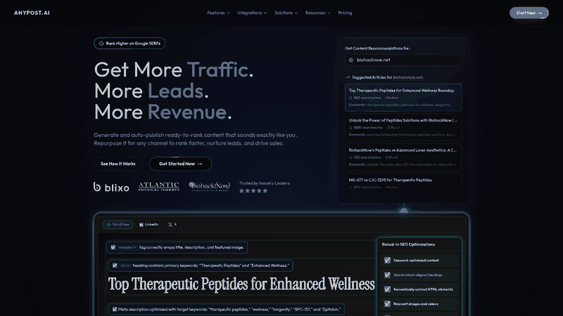 Screenshot: Home page showcasing the platform’s tagline and quick‑start call‑to‑action, setting context for the automated content generation feature.