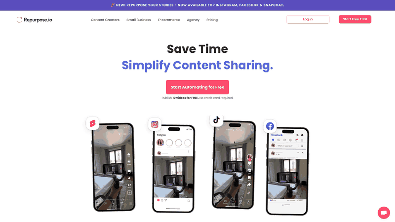 Screenshot: A full‑page capture of Repurpose.io’s homepage, showing its core features and integrations.