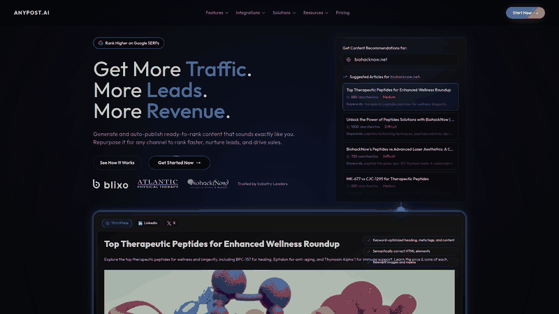 Screenshot: Homepage of AnyPost.ai showing the platform’s branding, tagline, and call‑to‑action for automated content generation.