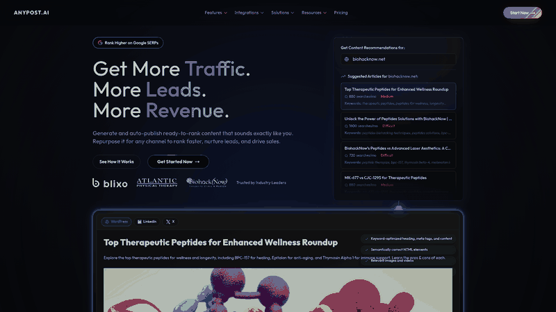 Screenshot: Homepage showcasing the platform’s AI‑powered content generation, SEO‑optimisation, and brand‑voice matching features.