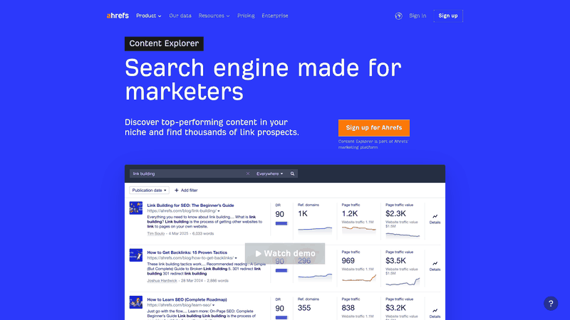 Screenshot: Illustrates the Ahrefs Content Explorer interface, showing search filters, metrics, and result tables used for identifying high‑performing content.