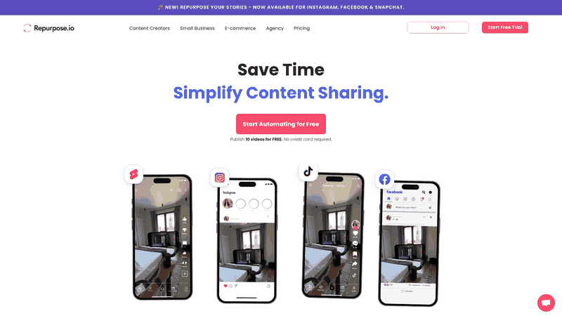 Screenshot: Full-page view of Repurpose.io’s homepage showcasing the product tagline and key feature highlights.