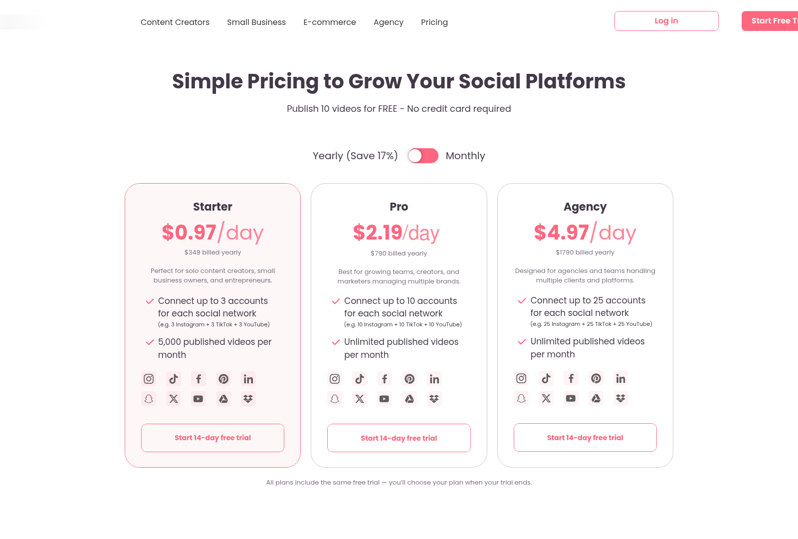 Screenshot: Screenshot of the pricing page displaying the various plans and cost per day.
