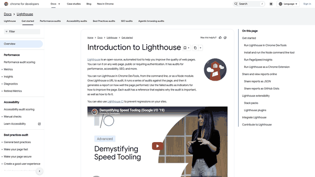 Screenshot: Screenshot of the Lighthouse documentation page, including a sample Lighthouse report that covers caching and HTTP/2 audits.