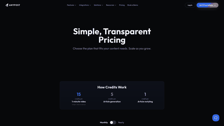 Screenshot: Pricing tiers and credit system of AnyPost.ai, illustrating the cost-effectiveness of automated persona-prompted content.
