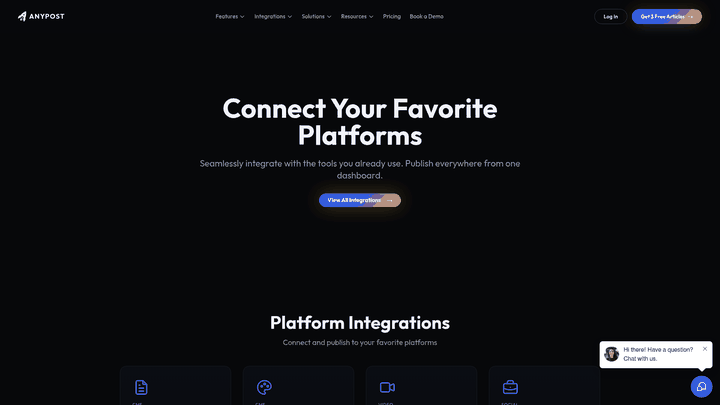 Screenshot: Screenshot of the Integrations page listing WordPress, LinkedIn, X, Instagram, TikTok, YouTube, and other publishing platforms