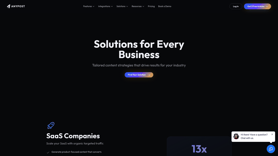 Screenshot: Screenshot of the Solutions page showing analytics, reporting, and performance metrics for agencies