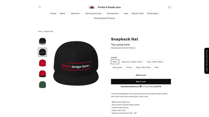 Screenshot: Demo product page from a Shopify store showing real‑world markup, images, price, and structured data.