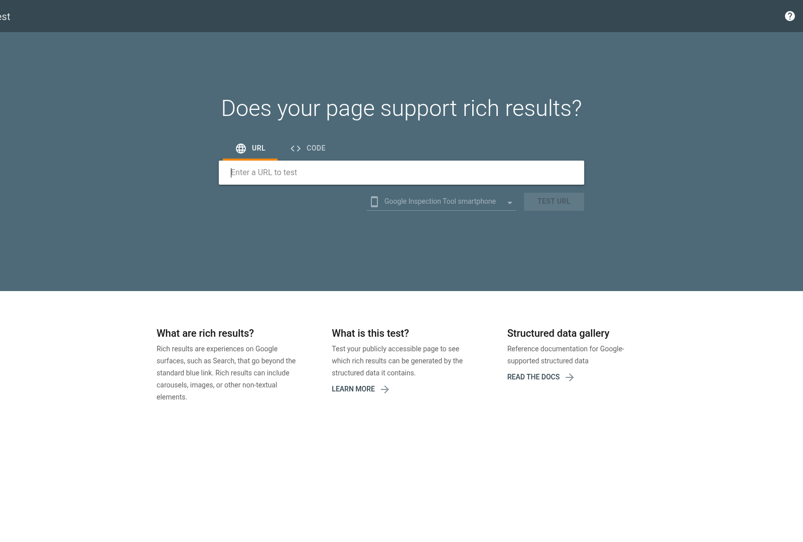 Screenshot: Google Rich Results Test interface where users can paste a URL or code to see which rich results are eligible.