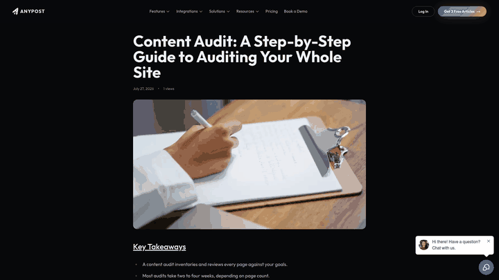 Screenshot: Step‑by‑step guide on conducting a content audit, highlighting inventory, scoring, and prioritization.