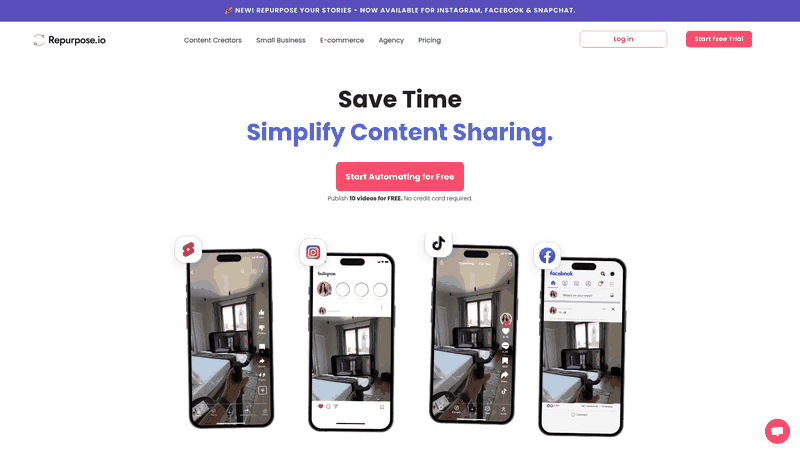 Screenshot: Homepage overview of Repurpose.io with platform tagline and key integrations