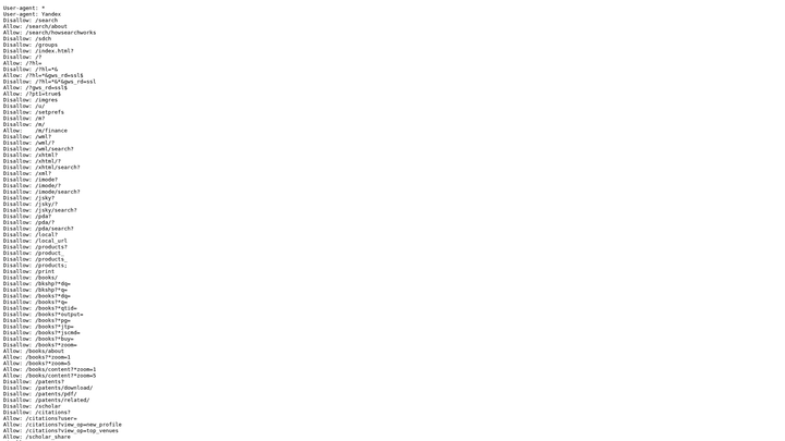 Screenshot: Google's public robots.txt file demonstrating a complex set of directives and patterns.