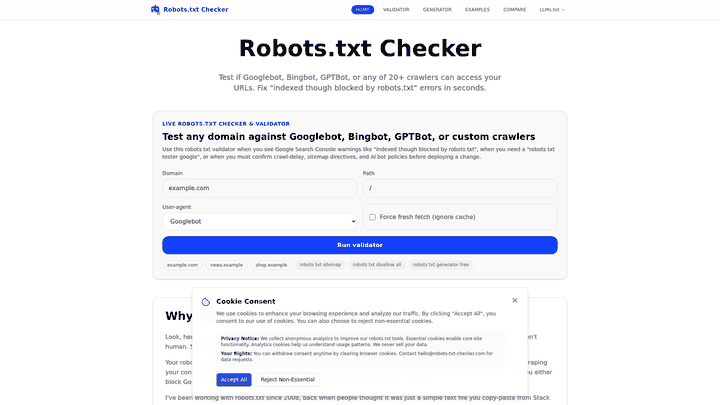 Screenshot: Interface of a free robots.txt testing tool showing domain input, crawler selection, and result panel.