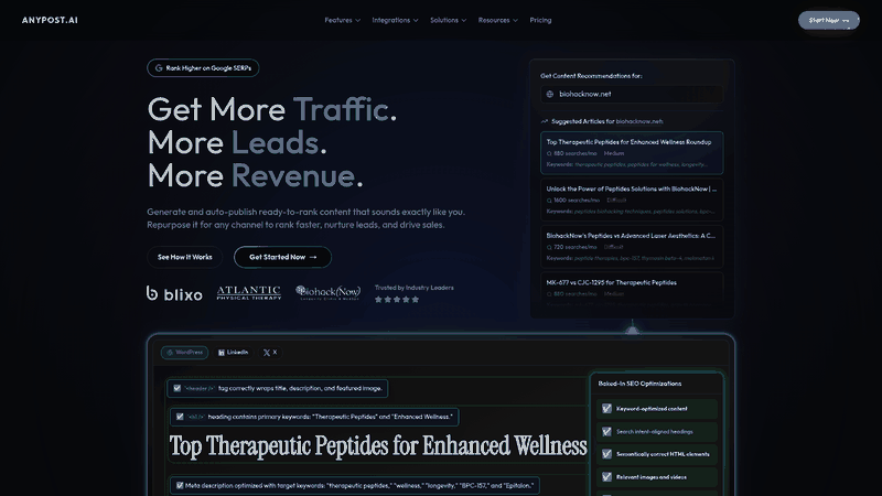 Screenshot: Homepage hero showcasing the platform’s tagline and core value proposition for automated content creation and SEO optimization.