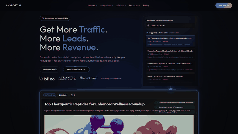 Screenshot: Hero section showcasing the platform’s focus on long‑form narrative and SEO‑optimized content.