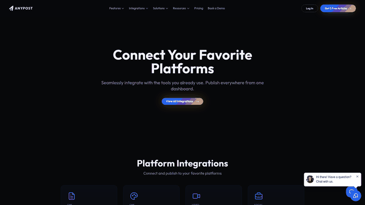Screenshot: List of platform integrations (CMS, social, analytics) available in AnyPost