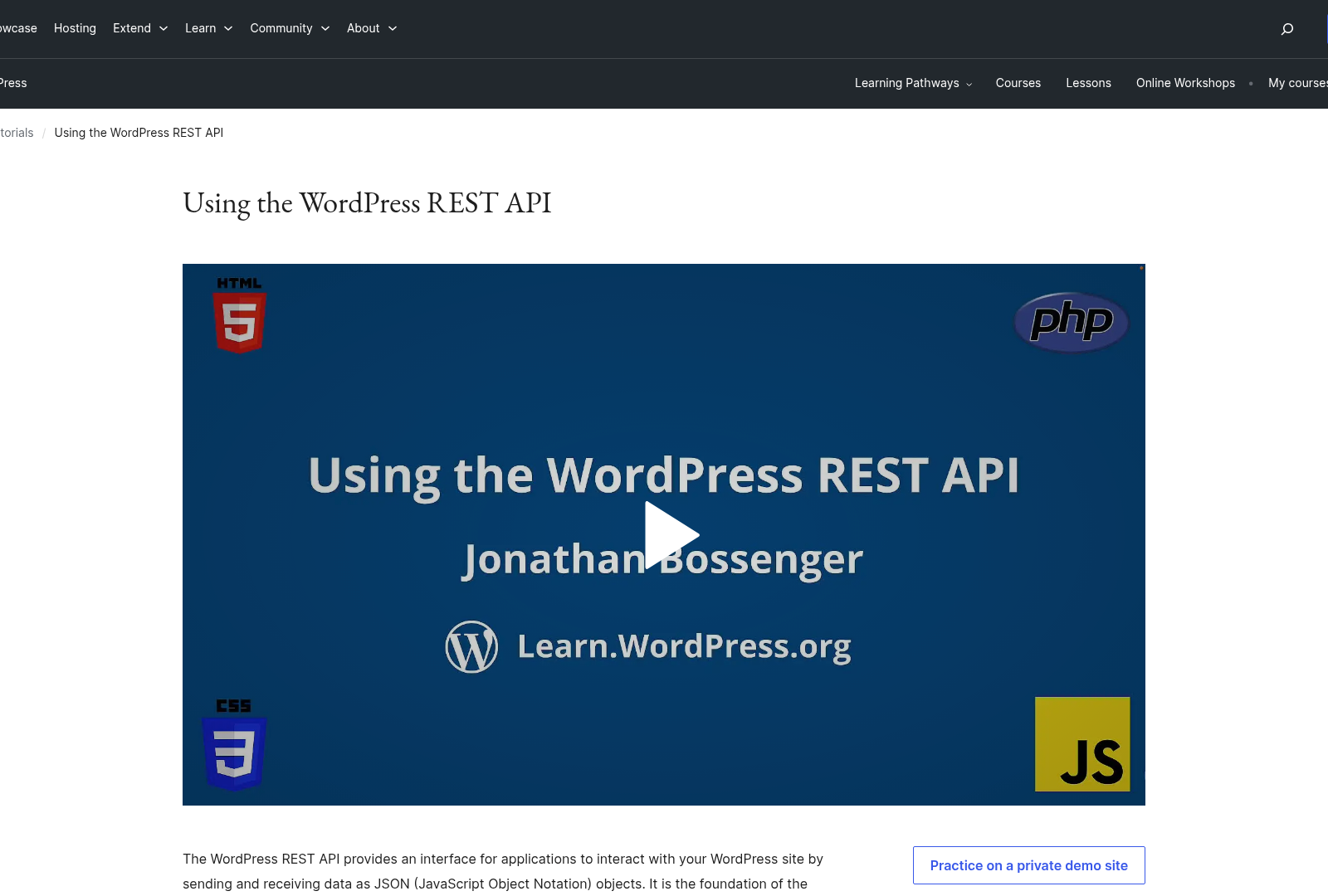Screenshot: Tutorial page demonstrating how to enable and use the WordPress REST API.