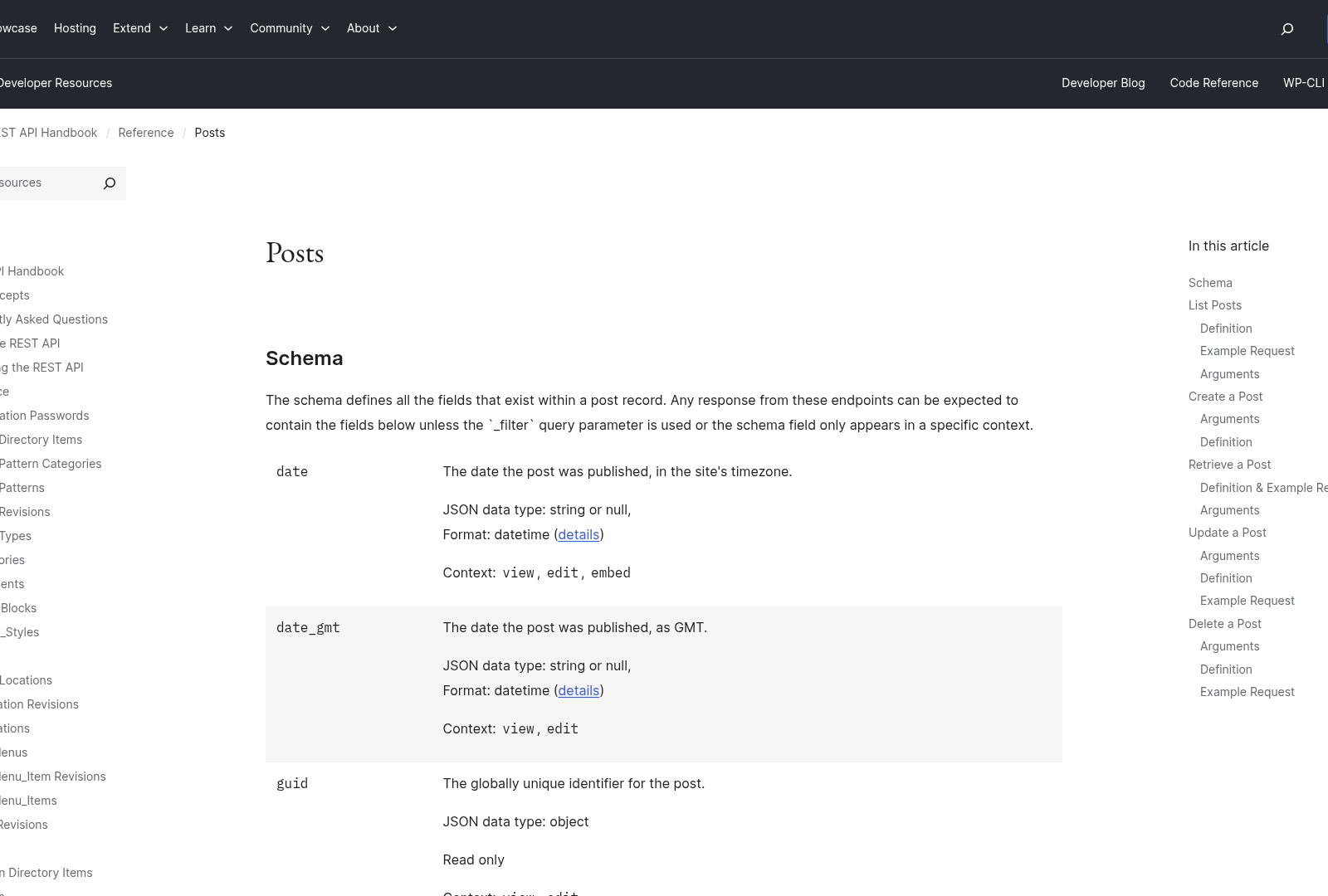 Screenshot: Reference page for the /posts endpoint, listing all available fields and their data types.