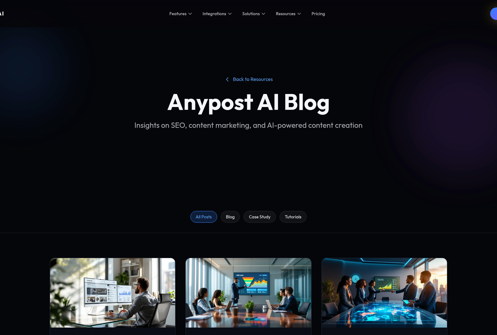 Screenshot: Blog landing page with recent posts on SEO and AI content creation.
