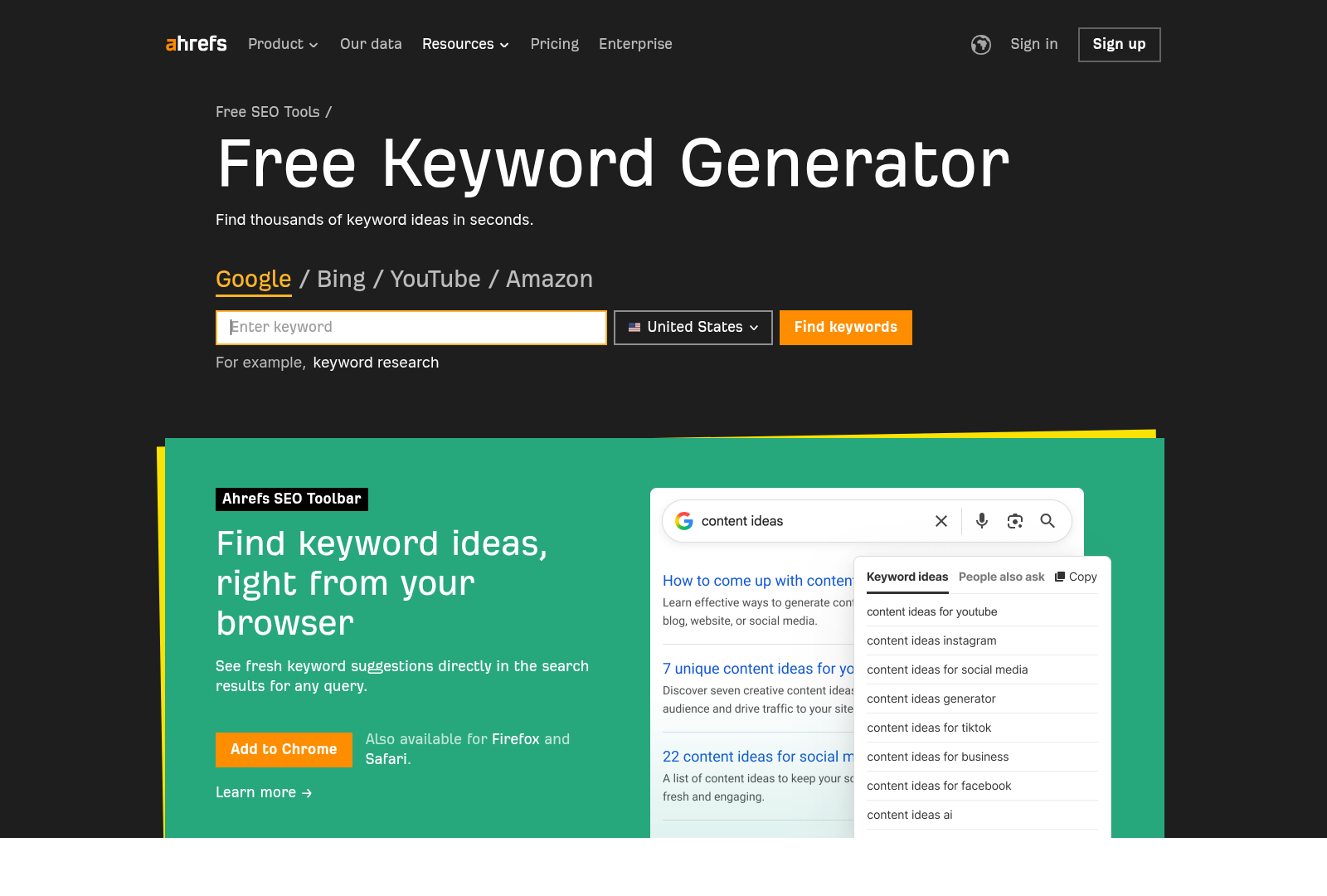 Screenshot: Ahrefs Keyword Generator interface with keyword ideas and metrics.