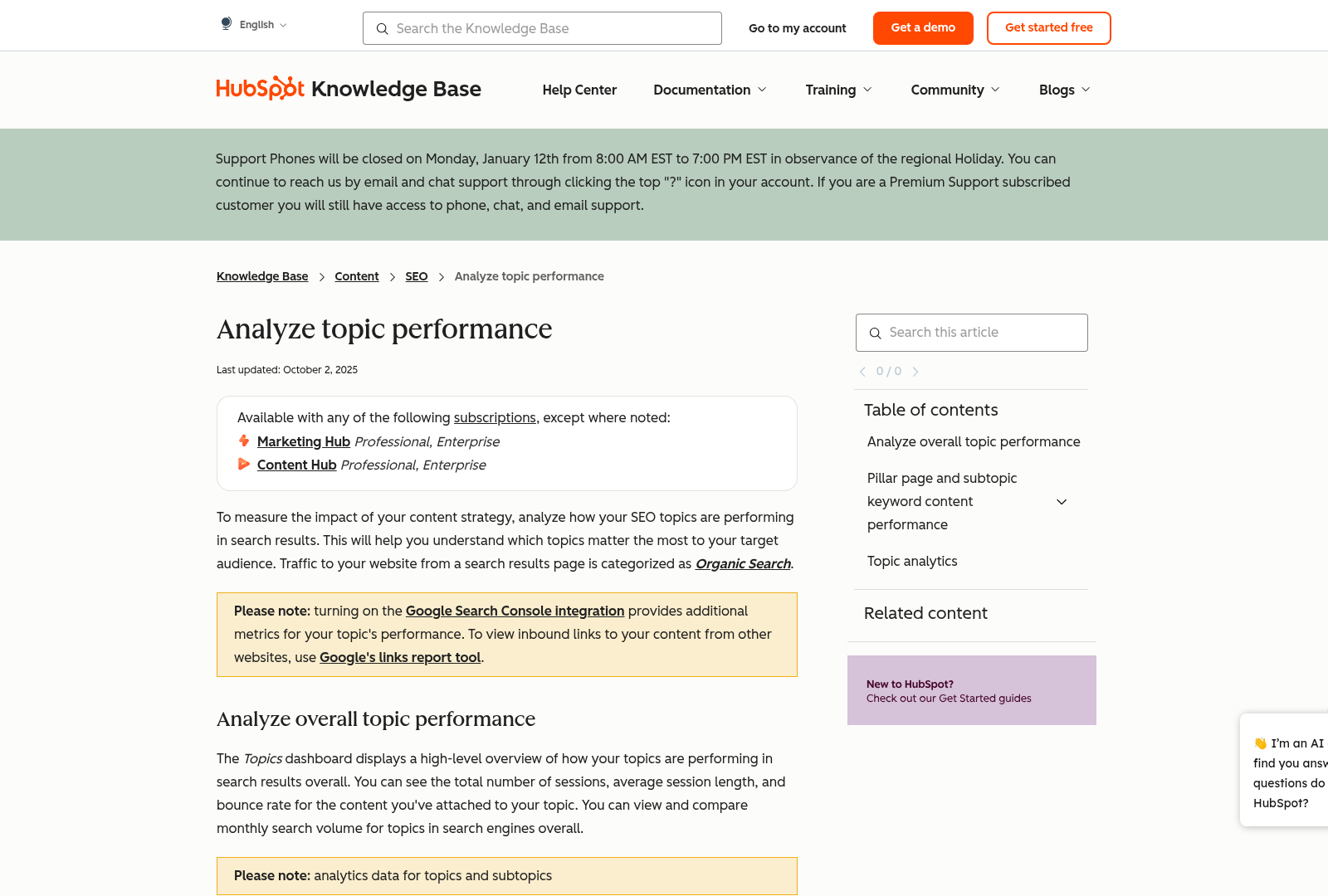 Screenshot: HubSpot’s SEO dashboard showing topic performance metrics.