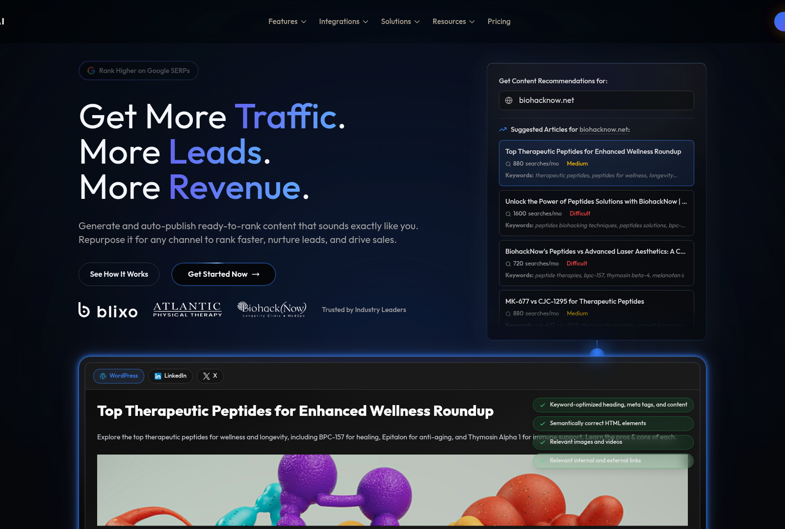 Screenshot: Homepage hero showcasing the brand, tagline and core promise of automated content generation.