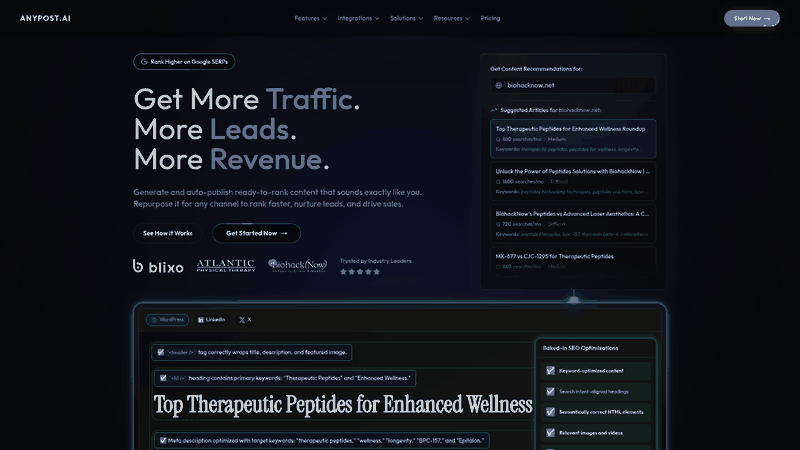 Screenshot: Hero section of the AnyPost homepage showcasing the platform’s mission and key benefits.