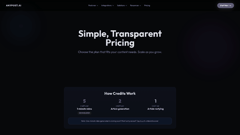Screenshot: Pricing page showing credit plans, content creation limits, and integrated analytics features.