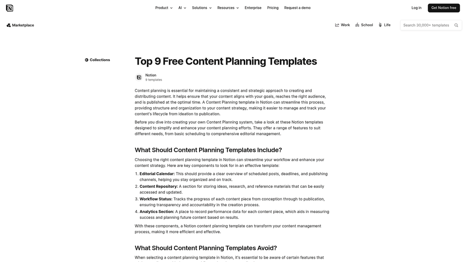 Screenshot: Screenshot of a Notion content planning template with editorial calendar, repository, and analytics sections.