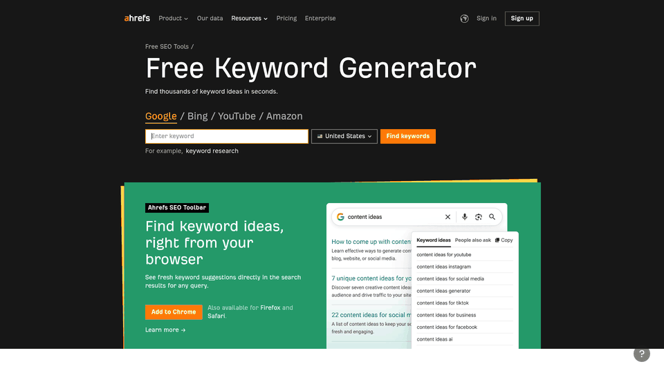 Screenshot: Keyword generator interface displaying search volume, keyword difficulty, and keyword ideas.