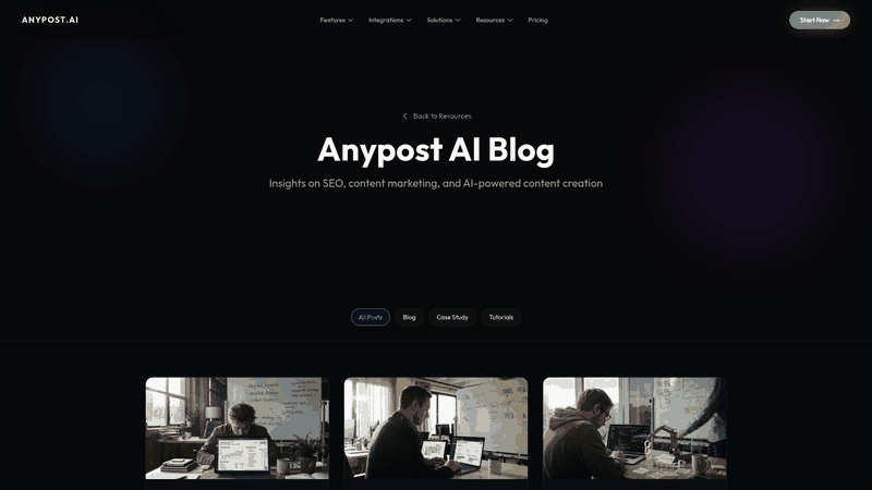 Screenshot: Blog page with recent AI content marketing insights.