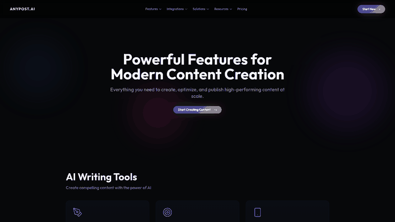Screenshot: Feature list highlighting automation, SEO optimization, and multi-channel publishing.