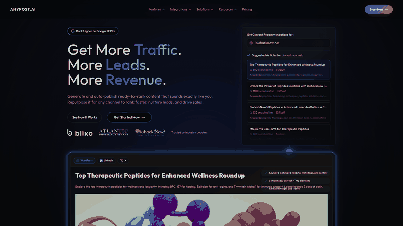 Screenshot: Homepage showcasing the platform’s focus on long‑form, SEO‑optimized content creation and automated publishing.