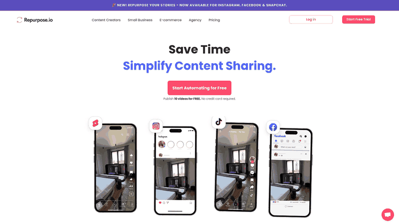Screenshot: The Repurpose.io homepage showcases the platform’s core value proposition—automated cross‑platform content distribution and a clean, user‑friendly interface.