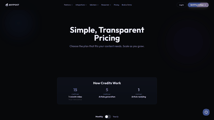 Screenshot: Screenshot of AnyPost.ai pricing page showing transparent pricing and credit system.