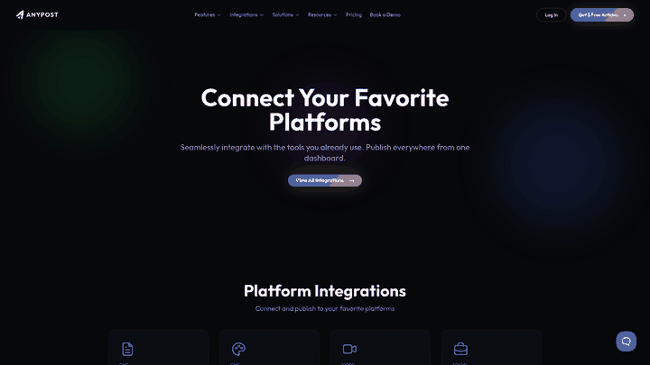 Screenshot: Screenshot of AnyPost.ai integrations page demonstrating YouTube integration.