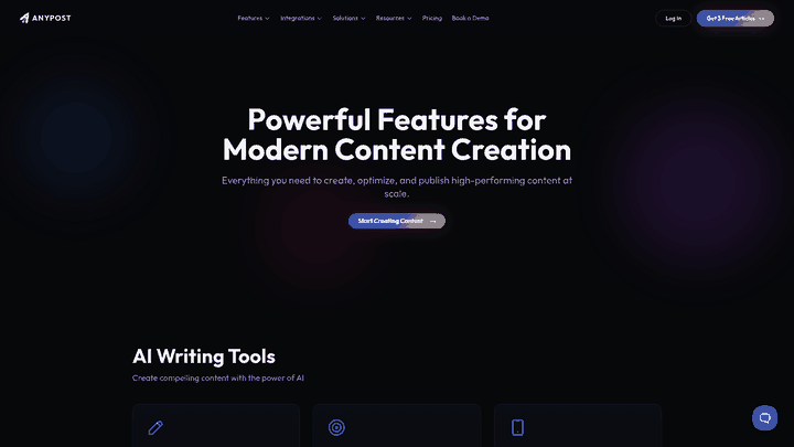 Screenshot: Screenshot of AnyPost.ai features highlighting SEO optimization and multi‑platform publishing.